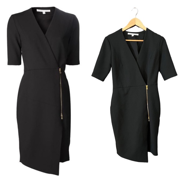 Veronica Beard Black Quarter Zip Front V-Neck Short Sleeve Dress 4 - Picture 1 of 3